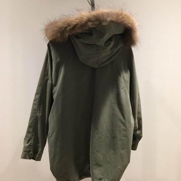 Lowrys Farm Japanese brand - oversized khaki green thin jacket with fur hood - Picture 2 of 2